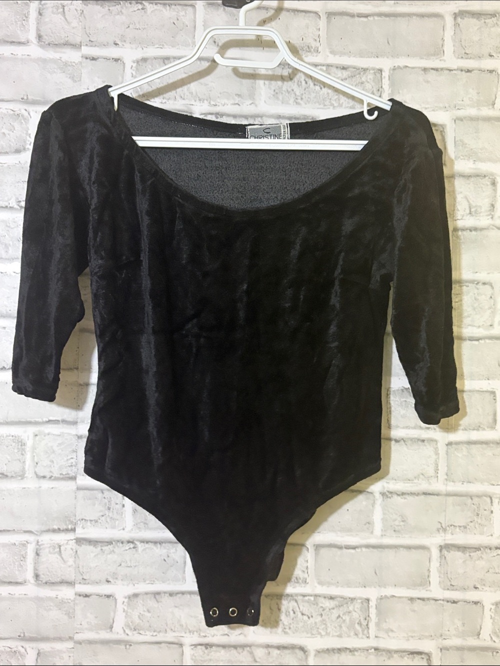 Christine Alter Ego Velvet Scoop Neck Black Bodysuit with 3/4 Sleeves, small